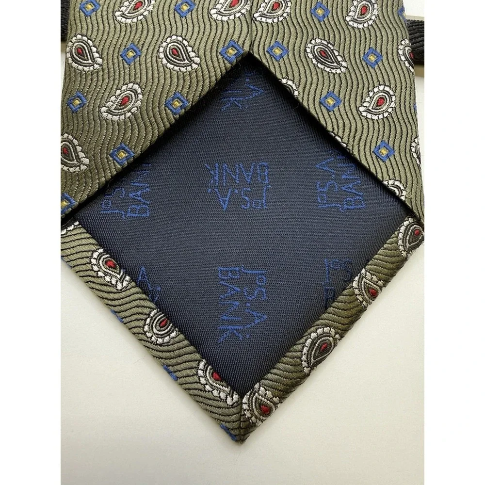 Jos A Bank Tie Silk Italy Olive Paisley Geometric Classic Width 60